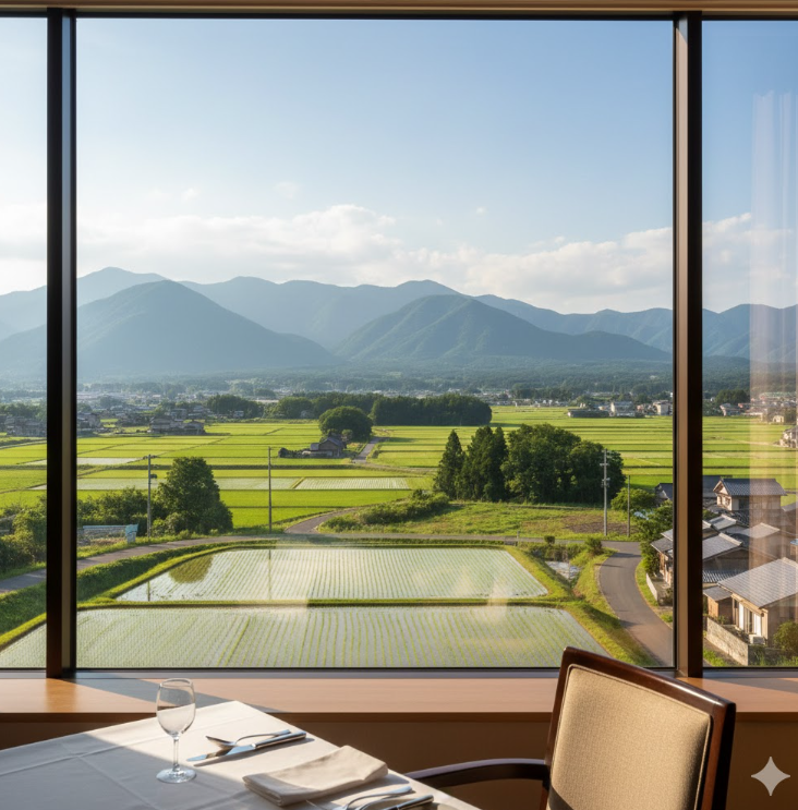 ホテルのレストランの大きな窓から、美作ののどかな田園風景や中国山地の山並みが見渡せるイメージ
