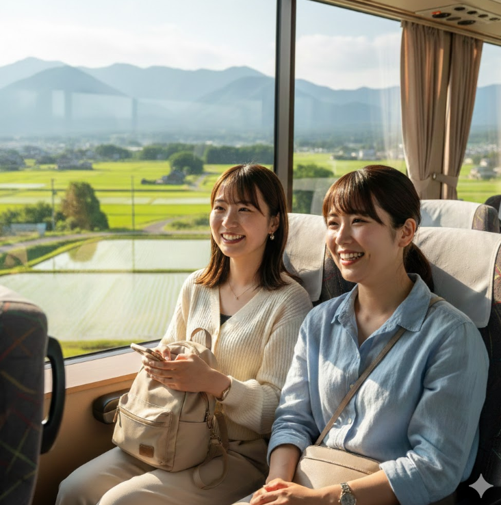 無料送迎バスでホテルに向かう女性2人組