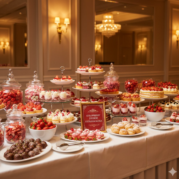 ストロベリービュッフェで、イチゴスイーツが美しく並んでいる様子