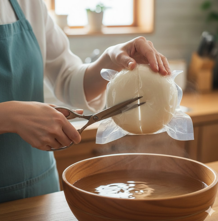 真空パックに入った餅を綺麗に取り除く様子