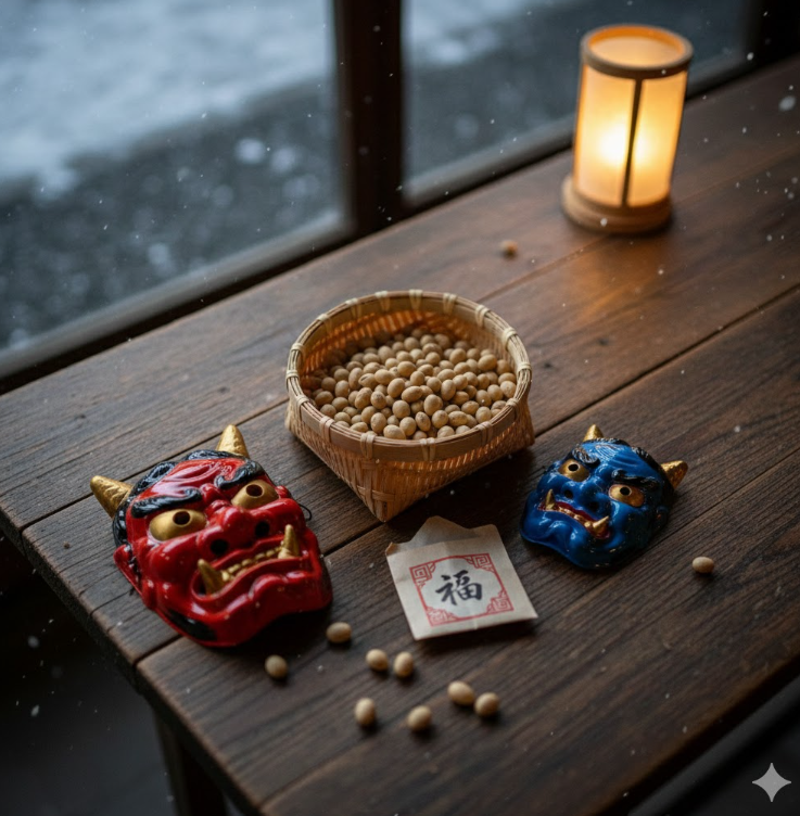 節分の豆や鬼のお面などがテーブルに置いてある