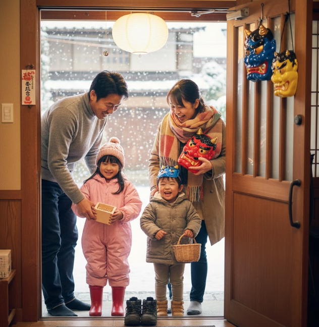 節分祭に出かける家族の楽しそうな様子
