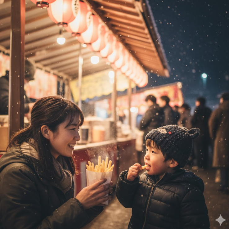 屋台のポテトを食べる親子