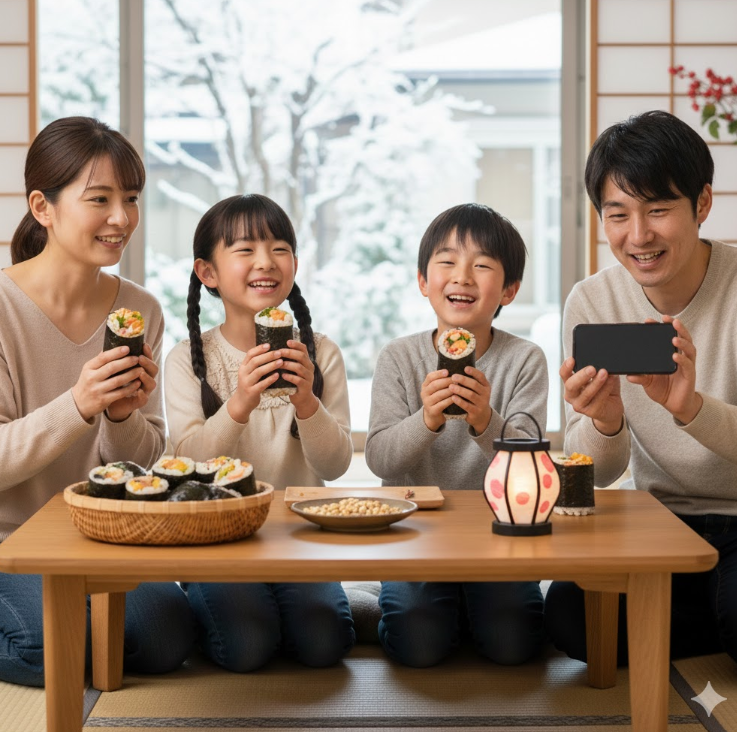 2026年の恵方である南南東を向き、スマートフォンのコンパスアプリを確認しながら恵方巻きを食べる準備をする日本人家族の風景。