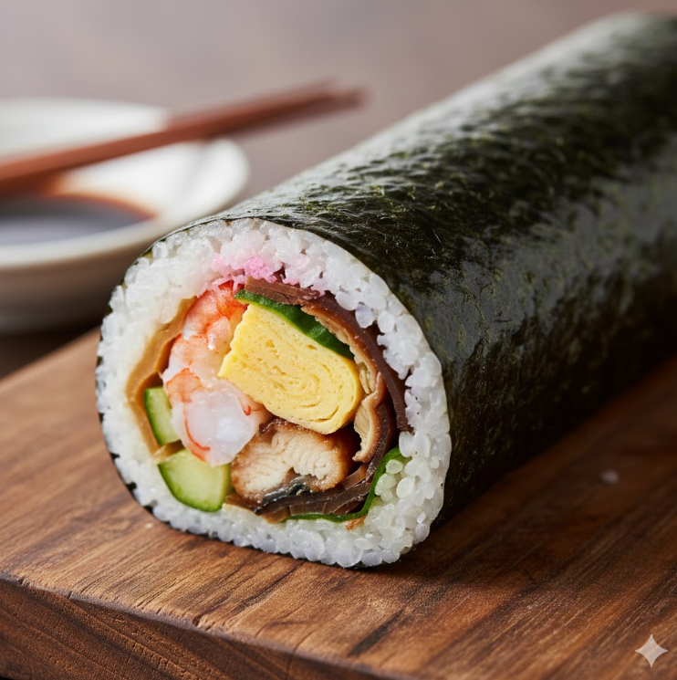 七福神にちなんだ7種類の具材（海老、穴子、卵焼きなど）が色鮮やかに巻かれた、断面の美しい豪華な恵方巻きのクローズアップ。