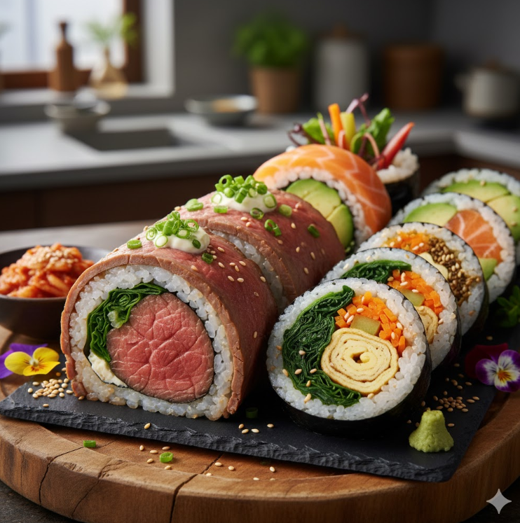 厚切りのローストビーフや韓国風キンパなど、ボリューム満点で食欲をそそる現代的な変わり種恵方巻きの盛り合わせ。

