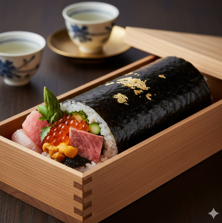 高級感のある桐箱に入れられ、金箔や最高級のネタが使われた百貨店仕様の贅沢なプレミアム恵方巻き。