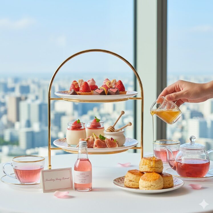 はちみつと苺を使った美容意識の高いバレンタインアフタヌーンティーが高級ホテルのレストランのテーブルに美しく盛り付けられている様子