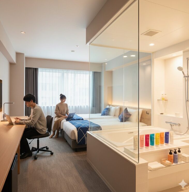 モダンで清潔感のある、デザイン性の高いビジネスホテルのツインルーム。広めのバスルームが垣間見え、アメニティが充実している様子を、等身大のカップルが楽しんでいるシーン。