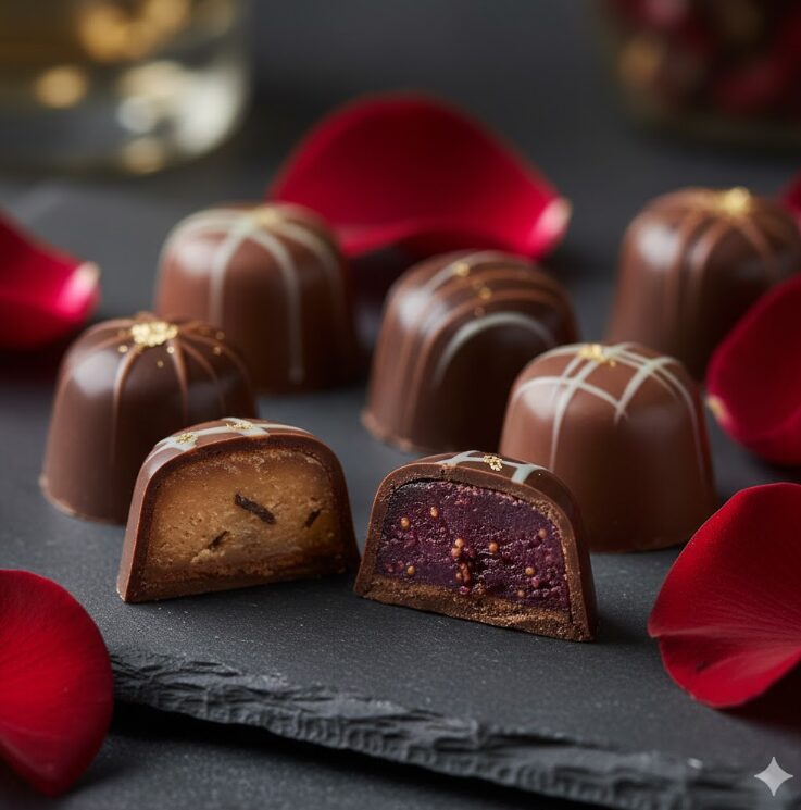 黒い石皿（スレート）の上に、宝石のように並ぶボンボン・ショコラ。特に「アールグレイ」や「フィグ（無花果）」を想起させる断面や、表面の繊細な装飾にフォーカスしたマクロショット。背景には赤いバラの花びらを添える。
