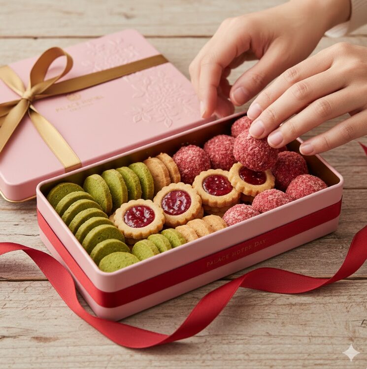  バレンタイン限定デザインのピンク色のクッキー缶が開き、中にはピスタチオの緑、フランボワーズの赤、ジャムクッキーの輝きが整然と詰まっている様子。背景には、プレゼントとして手渡すシーンを想起させるリボンを配置。