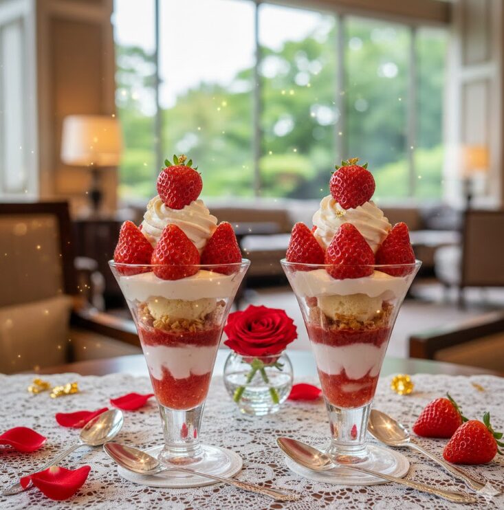 豪華で美味しそうなイチゴのパフェが2つ、ホテルのラウンジのテーブルに盛り付けられている様子