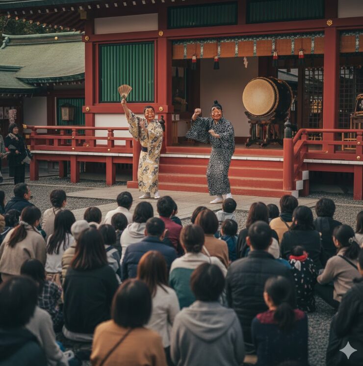 神楽殿の舞台上で、表情豊かな面をつけた狂言師（日本人）が舞う姿。周囲には笑みを浮かべて見守る観客の様子。