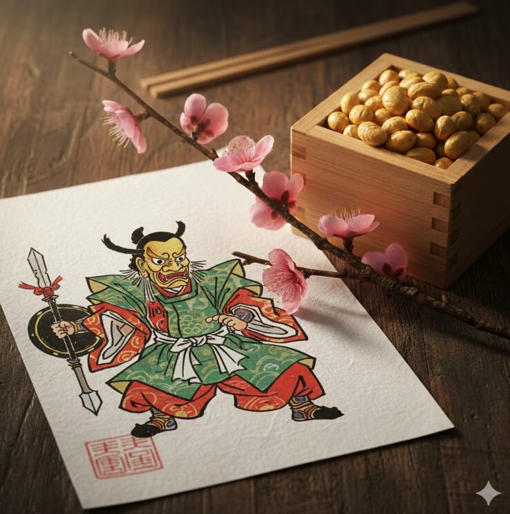 質感のある和紙に描かれた方相氏の「節分符」と、升に入った「福豆」、桃の枝が添えられた静物写真風のカット。