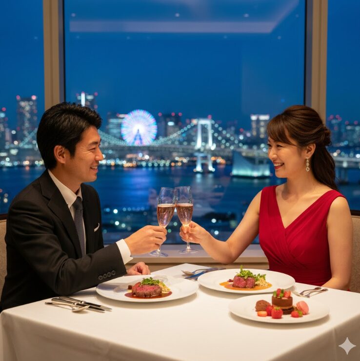 横浜の美しい夜景を背景に、バレンタイン限定のディナーコースとシャンパンを楽しむカップル。