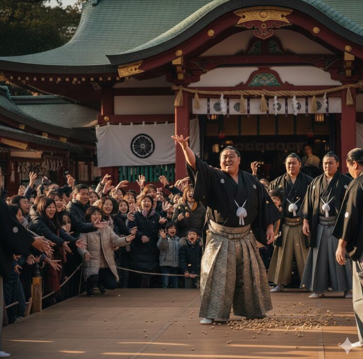 出雲大社相模分祠の節分祭で豆を撒く、裃姿の力強い力士の様子