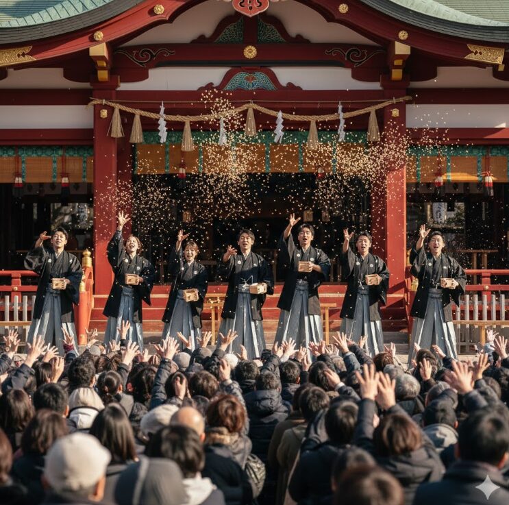 出雲大社相模分祠の節分祭に撒き手として参加し、裃を着用して豆を撒く一般参拝者