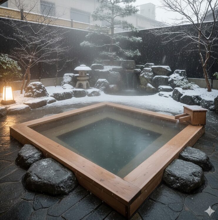 秦野市内（鶴巻温泉）の情緒ある露天風呂の風景