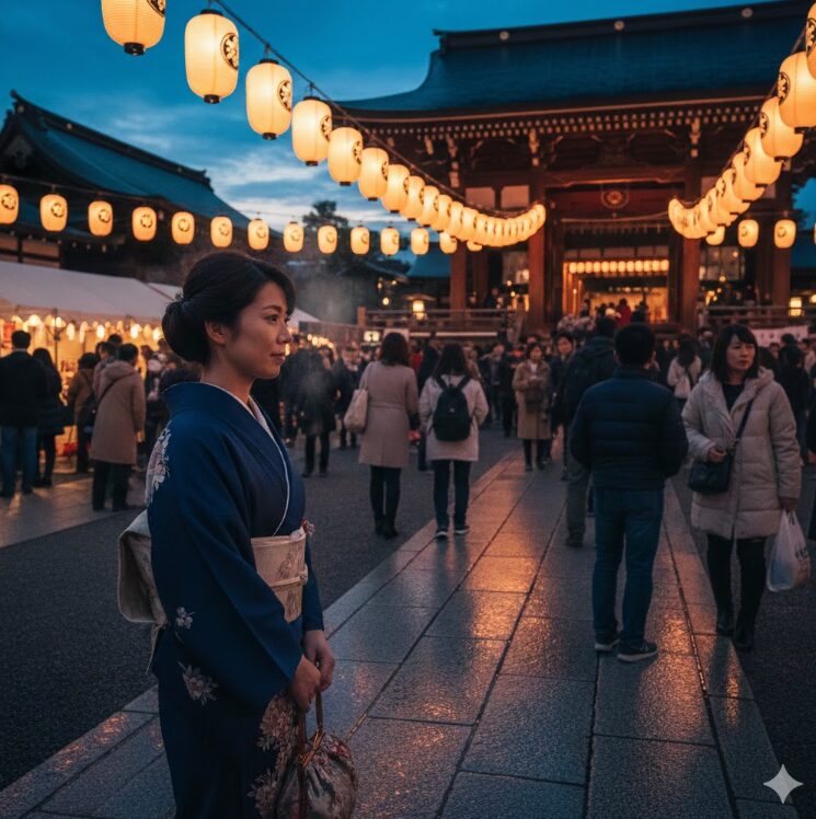 夕暮れ時の壬生寺境内で、たくさんの提灯が灯り、参拝客が賑わう活気ある風景。手前には和服を着た日本人女性が穏やかに参道を歩いている様子。