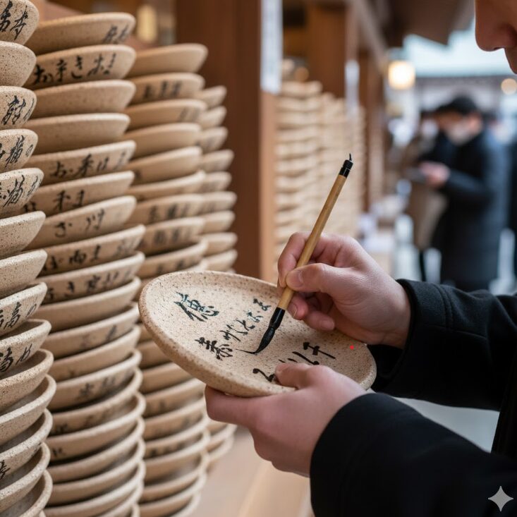 素焼きの平皿（炮烙）に、筆を使って墨で願い事や年齢を書き入れる日本人の手元のアップ。背景には奉納された大量の炮烙が積まれている様子。