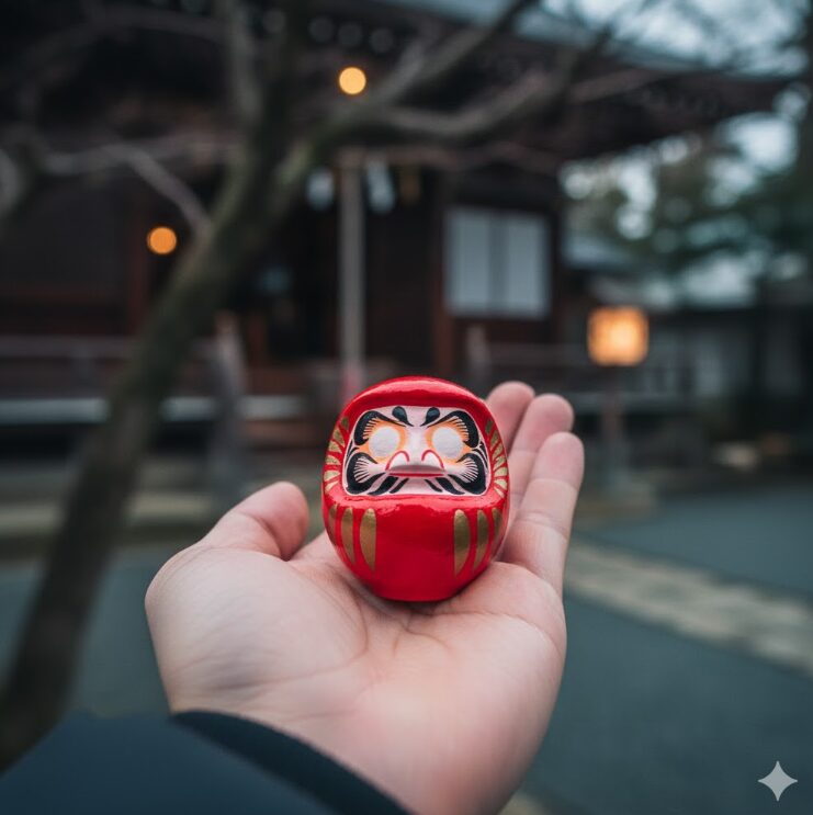 日本人の掌に乗せられた、鮮やかな赤色の「起上がりダルマ守」。お寺の境内（木造建築や冬の木々）を背景にボカし、授与品の質感を強調。