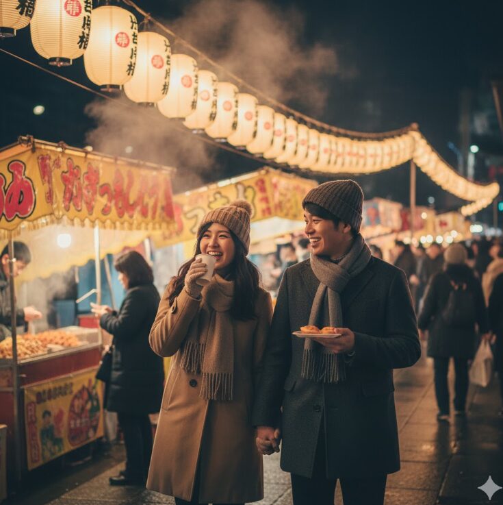湯気が立ち昇る冬の夜の屋台。並んだ提灯の下で、温かい飲み物（甘酒など）を手に持ち、談笑しながら歩く冬服の日本人カップル。