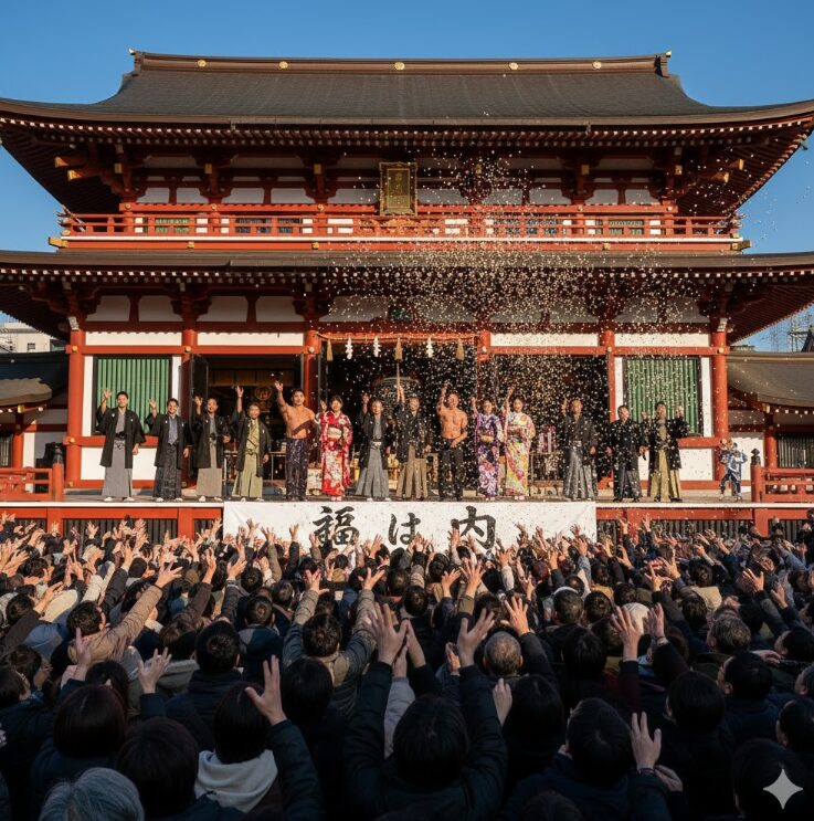 池上本門寺の大堂前特設桟敷から「福は内」の掛け声と共に豆が盛大にまかれ、下にいる大勢の参拝者が手を伸ばして福を掴もうとしている様子。