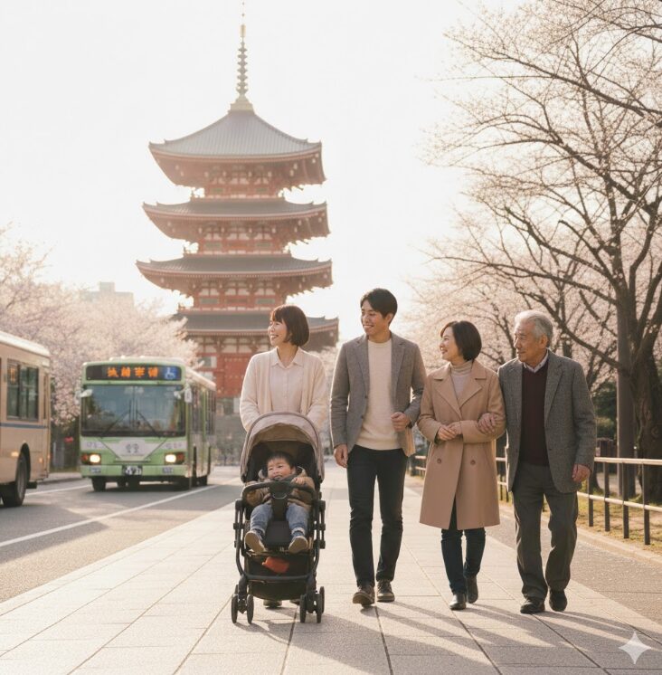 池上本門寺まで行くために、公共交通機関を利用して快適に移動する家族連れの様子