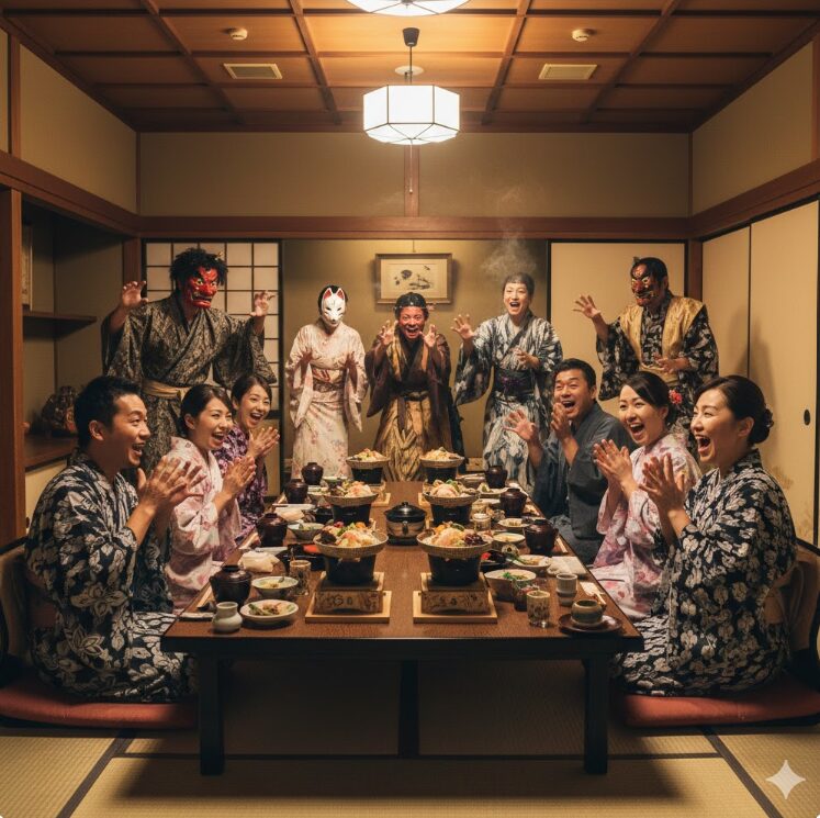 あわら温泉の旅館で夕食中に突然現れた、仮装した「節分おばけ」によるサプライズ演出の様子