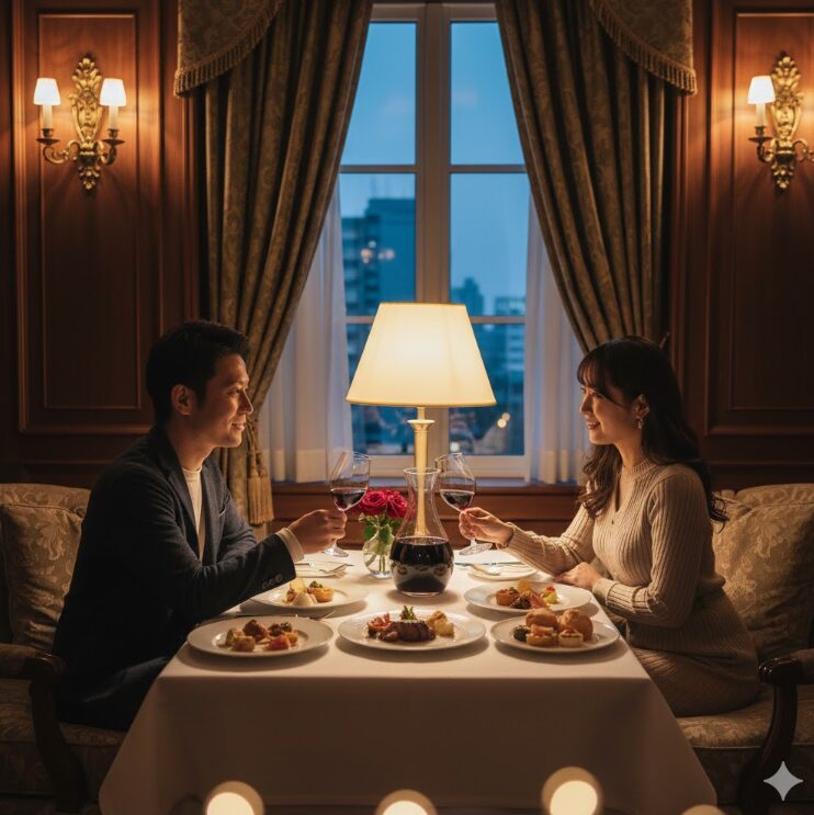 ホテルの個室でゆっくりとバレンタインのハイティーを楽しむ日本人の男女。