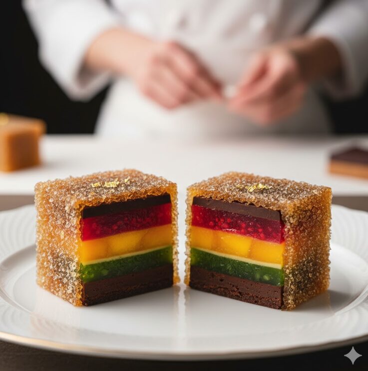  高級感のある磁器の皿に盛られた「果内水晶ショコラ」。一粒を半分にカットし、外側のシャリッとした琥珀糖、中の鮮やかなフルーツゼリー（パート・ド・フリュイ）、そしてチョコレートの層が見える断面図。職人のこだわりが伝わる繊細な描写。