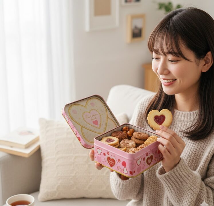 日本人の女性が、自宅のソファでハートをモチーフにした可愛らしいデザインのクッキー缶を開けている瞬間。中にはハート型のクッキーやアマンドショコラがぎっしり詰まっており、日常の中の贅沢なひとときを表現します。

