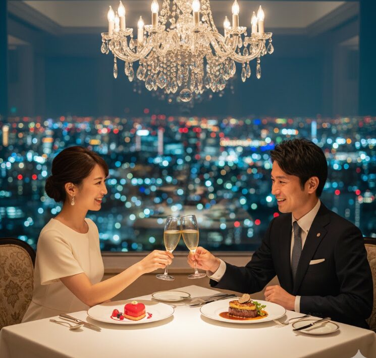 夜景が見えるスカイラウンジの窓際席。テーブルにはメインディッシュの「牛フィレ肉のロッシーニ風」が美しく盛り付けられ、傍らには苺のムースデザート。上品な装いの日本人カップルが、笑顔で乾杯しようとしているシーン。