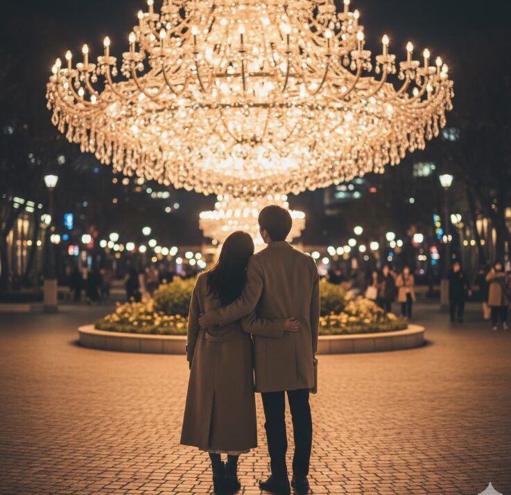 恵比寿ガーデンプレイスの象徴である巨大なバカラシャンデリアが、シャンパンゴールドに輝く様子。手前にはコートを着た日本人カップルが後ろ姿で並び、幻想的な光を眺めている、映画のワンシーンのような構図。