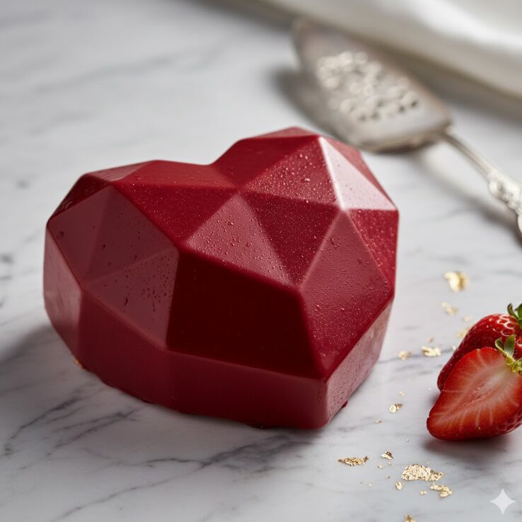 深い真紅の「ダイヤモンドハートケーキ」が、高級感のある大理石のテーブルに置かれている様子。幾何学的なカットに光が反射し、宝石のような輝きを強調したクローズアップ。