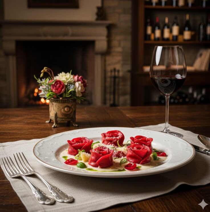 美しい「ローズ・ラヴィオリ」がお皿に盛り付けられた料理写真。トスカーナ風の重厚なテーブルセッティング。