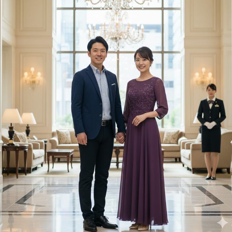 スマートカジュアルな服装の日本人カップルの全身像。男性はネイビーのジャケット、女性は上品なロングワンピースを着用し、ホテルのロビーでスマートに振る舞う姿。