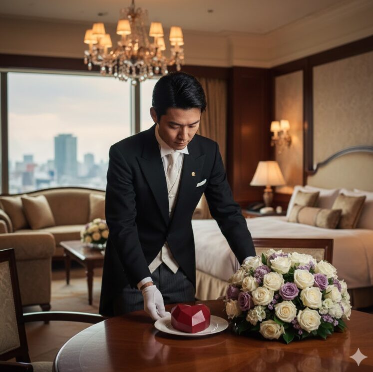 洗練された客室で、バトラー（日本人スタッフ）が恭しく花束やケーキをテーブルにセットし、宿泊客を迎え入れる準備を整えているシーン。