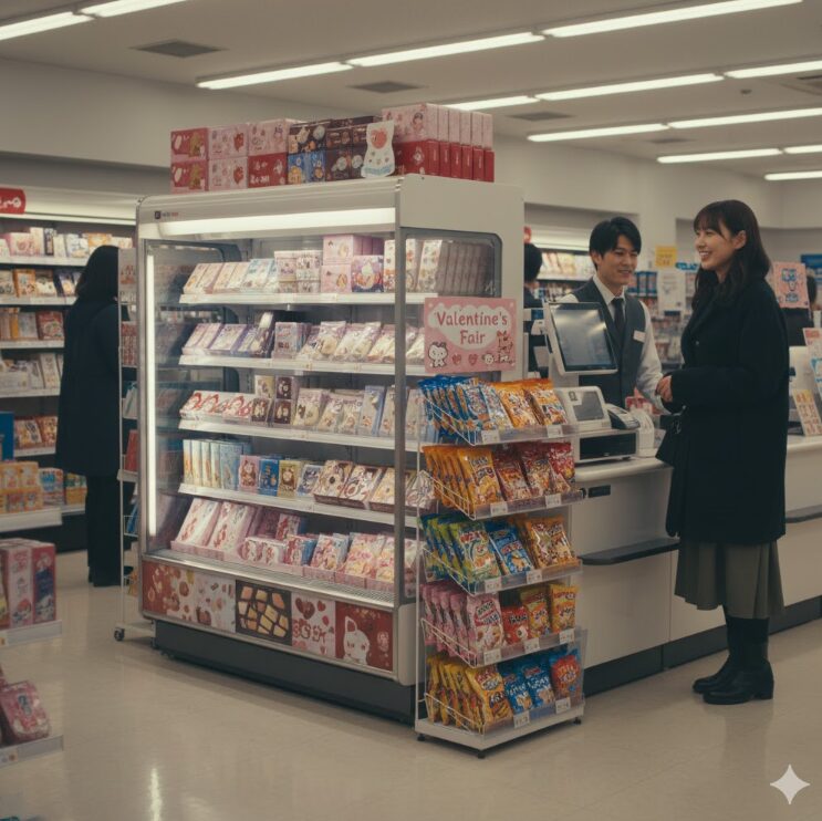 清潔感のある日本のコンビニ店内の様子。レジ横の棚や、デザートコーナー（チルド棚）の一角に、キャラクターのお菓子が並んでいるシーン。店員と笑顔で会話する日本人の女性客を配置。
