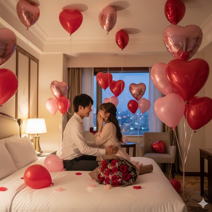 ホテルのベッドルーム。赤やピンクのハート型のバルーンがセンスよく装飾され、花束が置かれたロマンチックな空間。サプライズが成功した瞬間の幸せな雰囲気。

