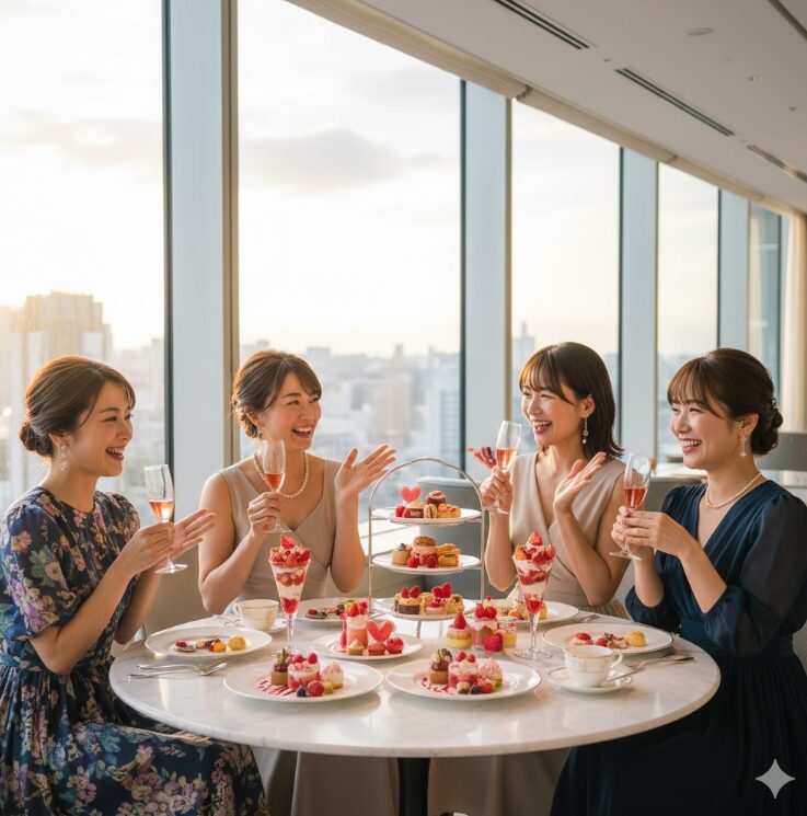  明るいラウンジで、おしゃれにドレスアップした日本人女性たちが、華やかなデザートプレートやパフェを囲んで楽しそうに談笑している様子。