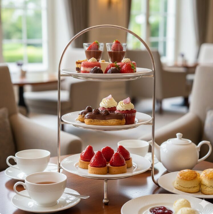 3段のティースタンドに並ぶショコラや苺のスイーツ。上品なティーカップとスコーンが並ぶ、落ち着いたホテルのティーラウンジの風景。
