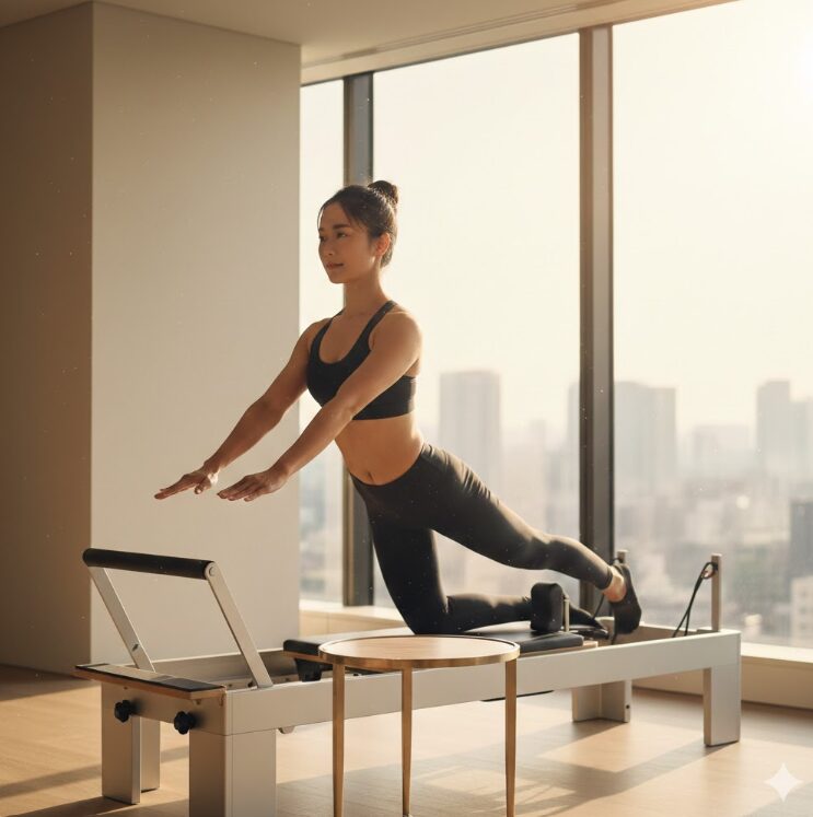 洗練されたデザインのホテル内スタジオ。窓からの光が差し込む中、日本人の女性がピラティスを行う。
