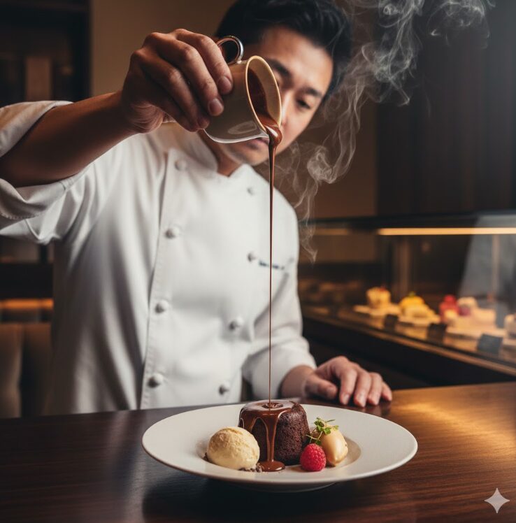 日本人のパティシエが、目の前で温かいチョコレートソースをデセールにかけて仕上げている瞬間。湯気が立ち上り、とろけるチョコの質感が伝わるシズル感のあるカット。背景には落ち着いた高級感のあるカウンター席。