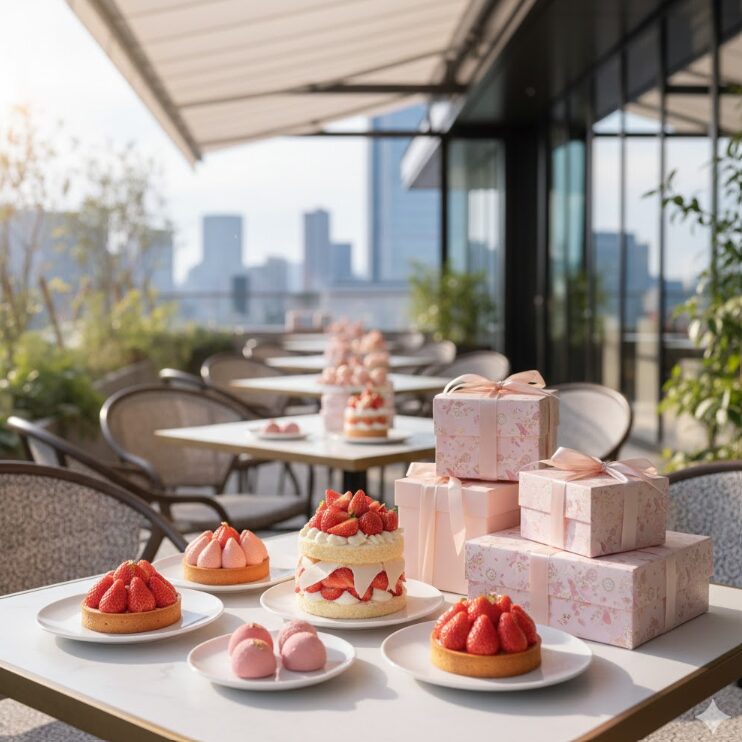 麻布台ヒルズや六本木ヒルズを思わせる開放的でモダンなテラス席。淡いピンクの苺を使ったチョコレートスイーツやタルトが並び、春らしい明るい光が差し込んでいる。ギフト用の華やかなラッピングボックスも添えられている。