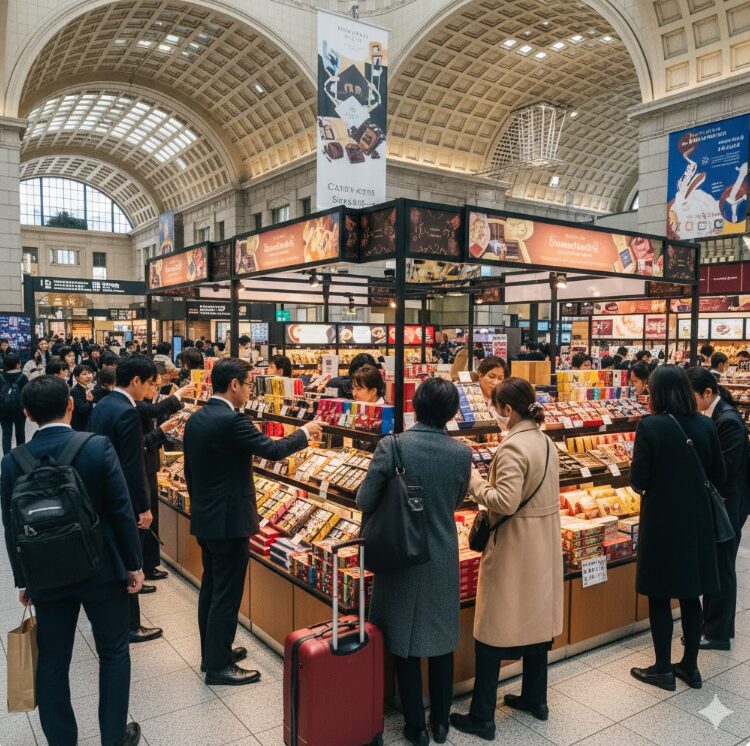 東京駅のような広大な駅構内のコンコース。洗練されたパッケージのチョコレートギフトが山積みになった華やかな特設ワゴンやショップ。通勤中や旅行中の日本人が、足を止めて興味深そうに商品を手に取っている日常的な風景。