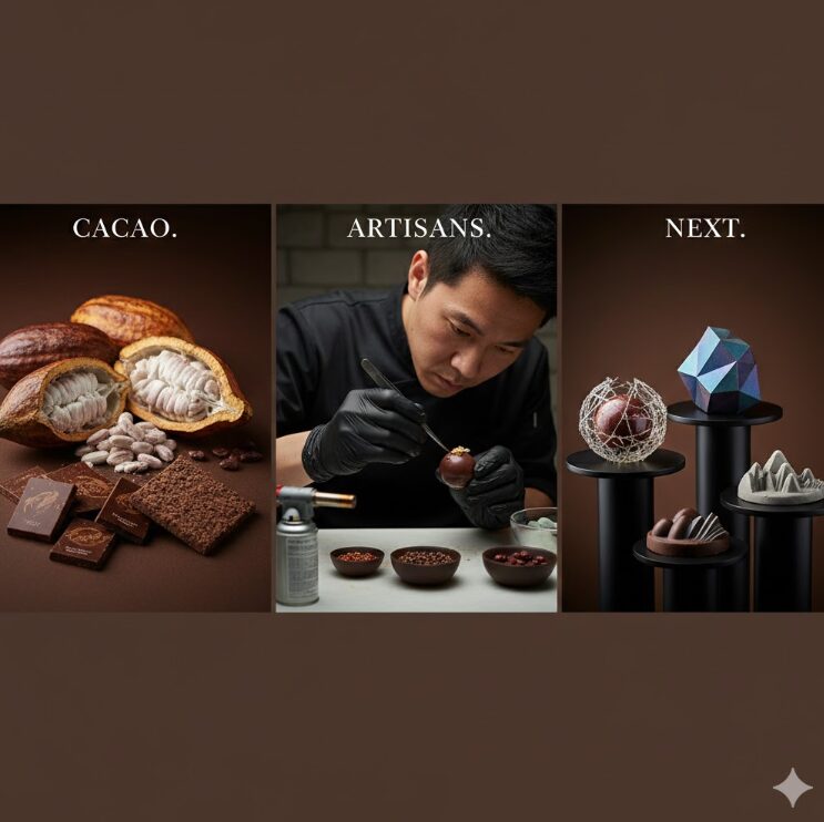 「CACAO（カカオ）」「ARTISANS（職人）」「NEXT（次世代）」の3つのテーマを象徴するイメージのコラージュ。左にはカカオの実やビーントゥバーの板チョコ、中央には真剣な眼差しでショコラを仕上げる日本人シェフの手元、右には現代的でアートのような独創的なデザインのショコラ。背景は落ち着いたダークブラウンで統一し、会期ごとの違いを視覚的に伝える。