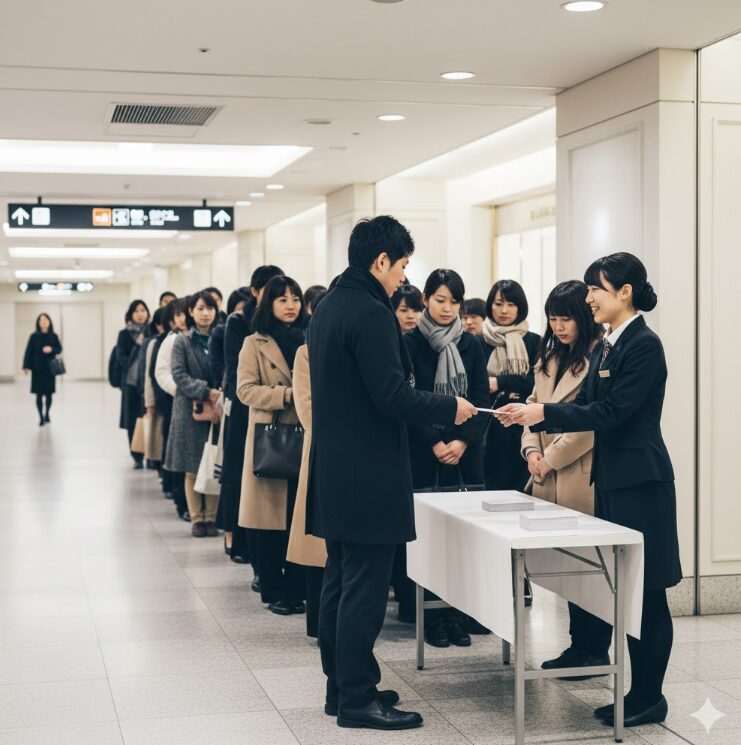 新宿伊勢丹の地下通路（Gate J付近を模した場所）にある案内サインのイメージ。日本人の案内スタッフが、整列する人々に整理券（テキストなしのカード）を丁寧に手渡している。