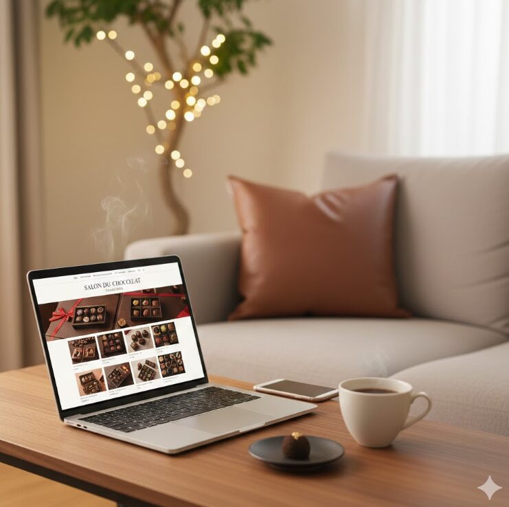 自宅のリビングで、ノートパソコンとスマートフォンを使いながらオンラインショッピングを楽しむ日本人女性。テーブルの上には温かいコーヒーと一粒のチョコレートが置かれている。画面にはチョコレートのカタログ風の画像が映っている。
