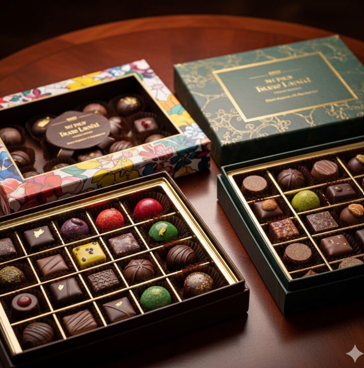 高級感のある深い色のテーブルの上に置かれた、宝石箱のような4種類のセレクションボックス。蓋が開いており、中には一粒ずつ形の異なる美しいボンボンショコラが並んでいる。